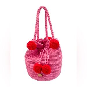 Frances Valentine Haley Woven Bucket Pom Pom Bag Pink And Red NWT